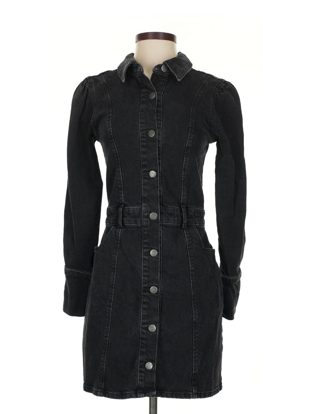 Boyish Black Button-Front Long-Sleeve Dress
